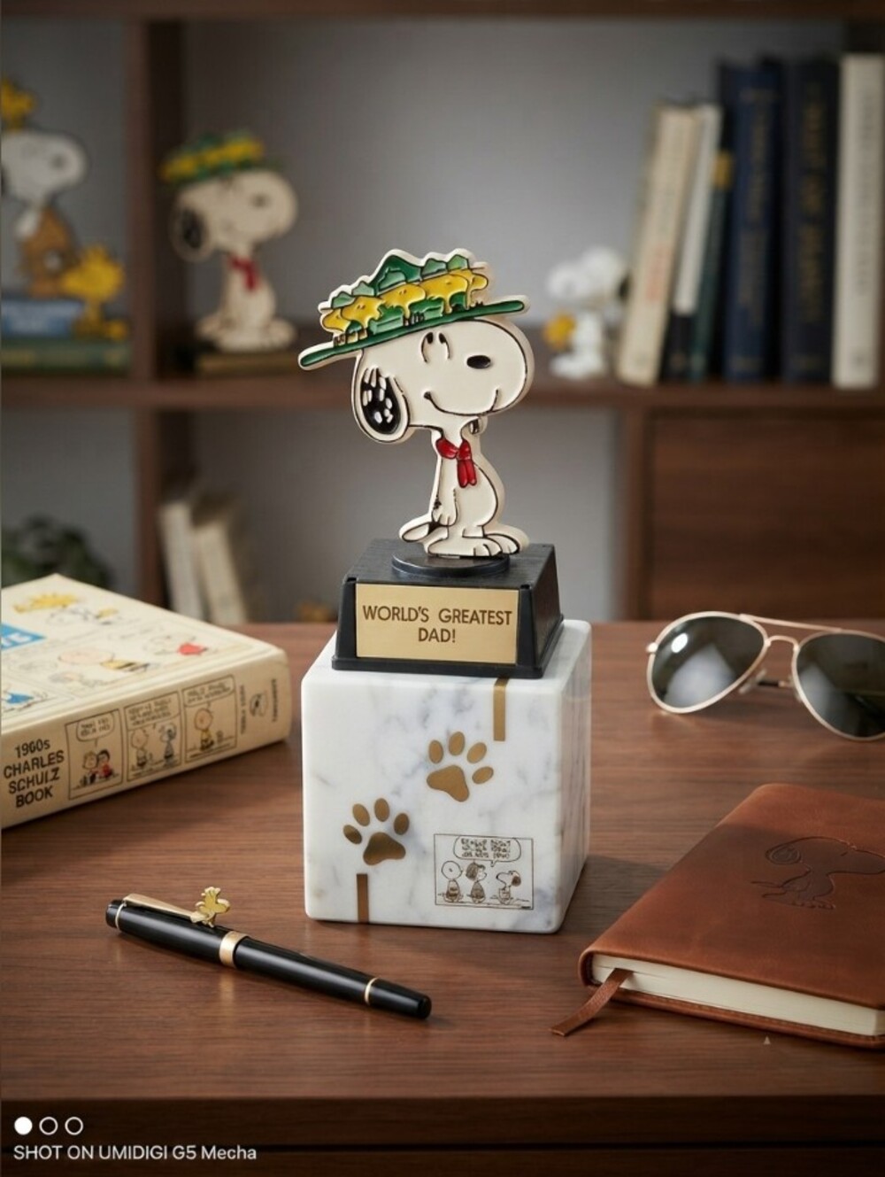 1958 Peanuts Snoopy Trophy with Green Hat and Red Bow - White & Black